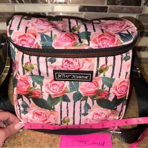 Betsey Johnson Pink Rose Print Crossbody Bag with Black Strap - Picture 5 of 6